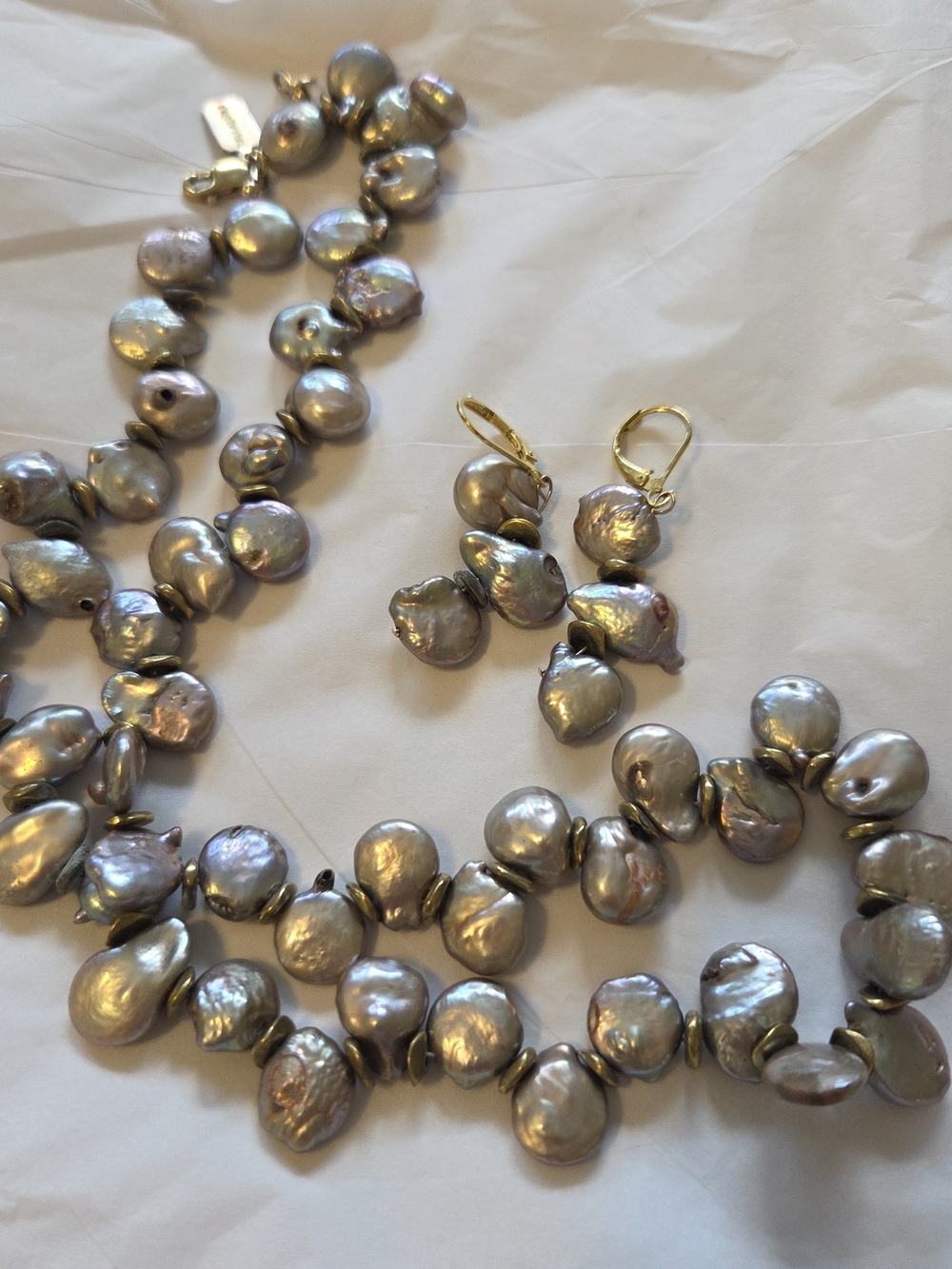 Baroque Pearl Necklace and Earrings Set in Iridescent Gray